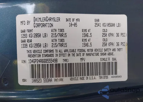 2006 Dodge Grand Caravan Se из США, поврежденный, VIN 1D4GP24R66B555498